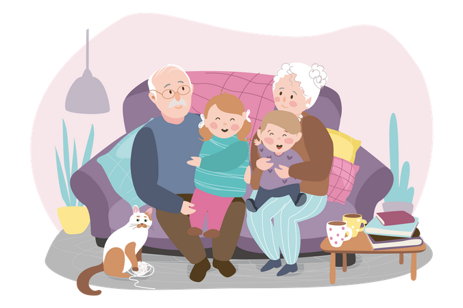 Grandparents and grandchildren sitting on sofa Illustration