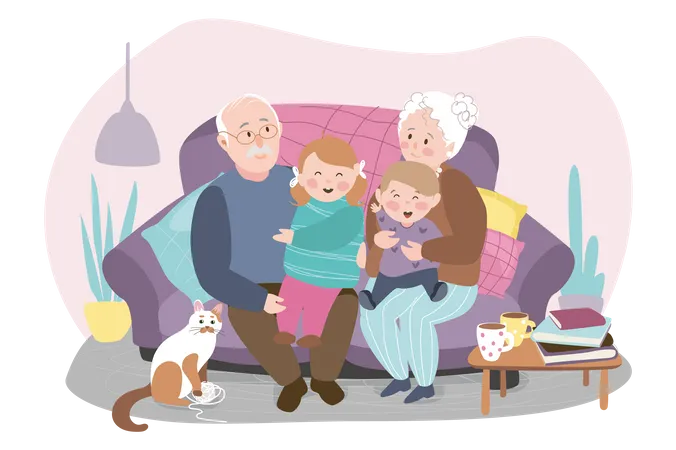 Grandparents and grandchildren sitting on sofa  Illustration