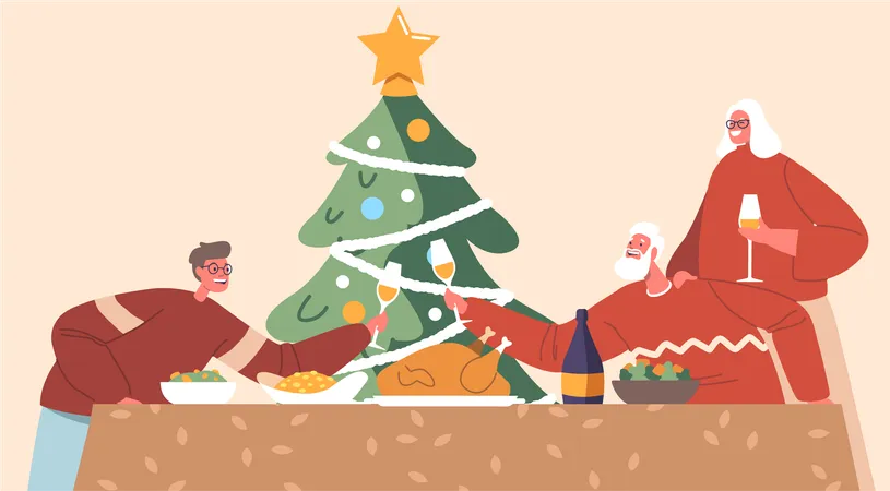 Gathered Around A Festive Table Family Celebrates Christmas With Joy And Warmth Grandparents And Grandson Characters Enjoying Delicious Meals And Clinking Glasses Cartoon People Vector Illustration 일러스트레이션