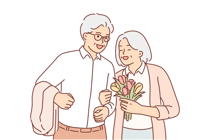 Grandparents In Love During Date Or Marriage Ceremony For Concept Of Love In Old Age Grandmother With Flowers Presented By Grandfather In Honor Of Anniversary Of Wedding Or Beginning Life Together Illustration