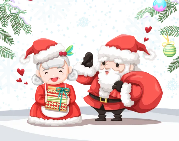 Grandmother And Grandfather Dress Up As Santa Claus On Christmas Night In The Snow And Christmas Tree Merry Christmas Cutout Element For Holiday Cards Invitations And Website Illustration