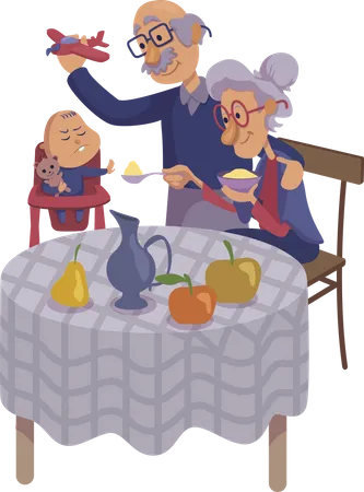 Grandparents feeding baby Illustration