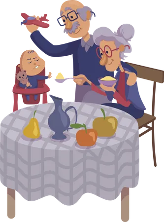 Grandparents feeding baby  Illustration