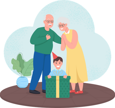 Grandparents giving gift to grandson  Illustration