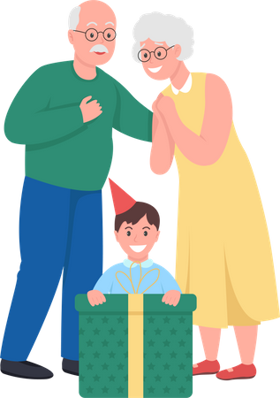 Grandparents giving gift to grandson  Illustration