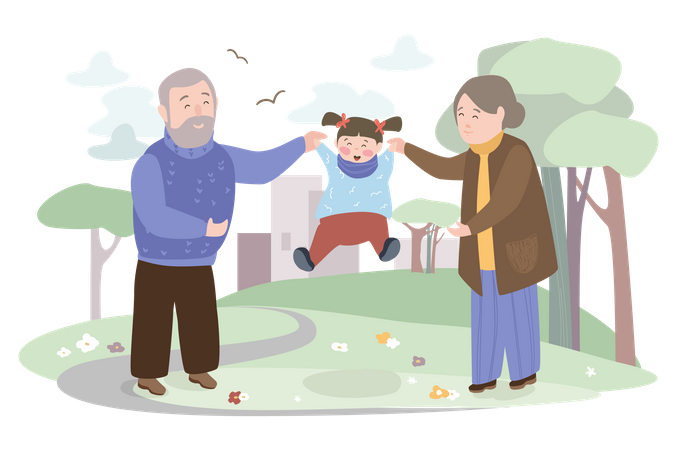 Grandparents holding granddaughter  Illustration