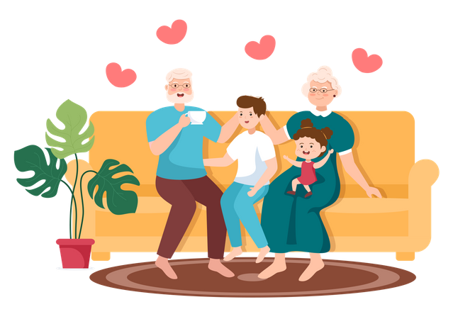 Grandparents sitting together with kids  Illustration