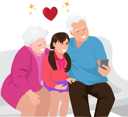 Grandparents taking pictures with granddaughter happily  Illustration