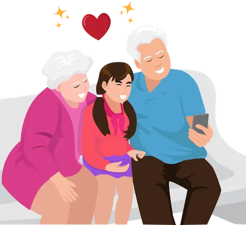 Grandparents taking pictures with granddaughter happily  Illustration
