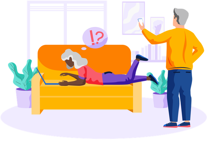 Grandparents use computers modern gadgets  Illustration