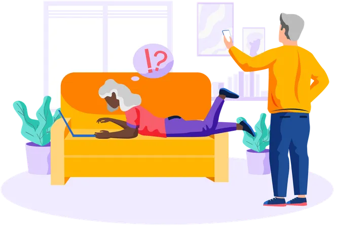 Grandparents use computers modern gadgets  Illustration