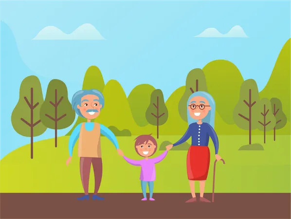 Grandparents Walking In Green Park With Grandson Vector Elderly People And Boy Senior Grandmother And Grandfather On Retirement With Kid In Spring Forest Illustration