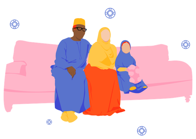 Grandparents with granddaughter sitting on couch  Illustration