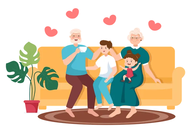 Grands-parents assis avec des enfants  Illustration