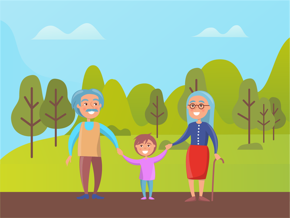 Grands-parents marchant dans le parc avec leur petit-fils  Illustration