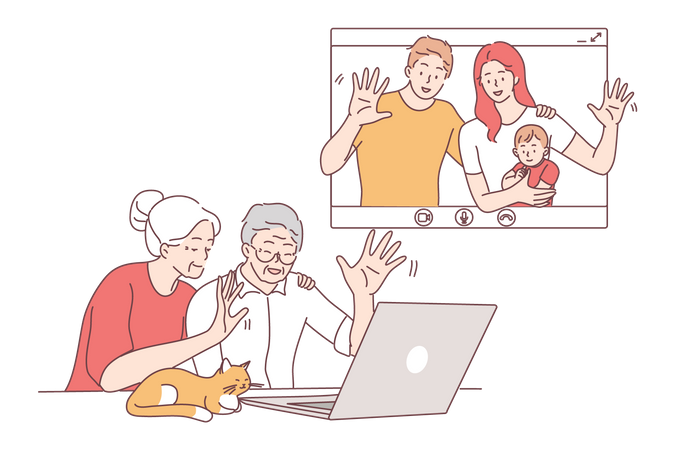 Grands-parents parlant avec des enfants lors d'un appel vidéo  Illustration