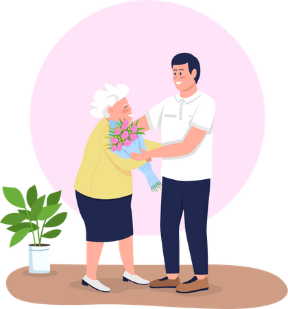 Grandson giving grandmother flowers  Illustration