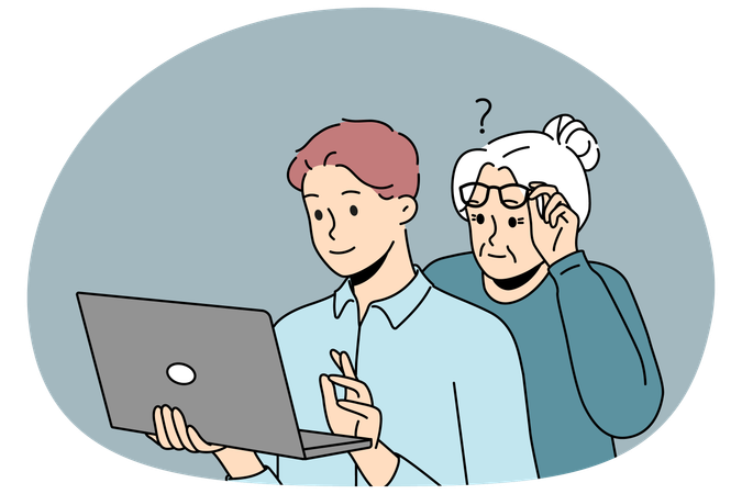 Grandson help grandmother with computer  Illustration