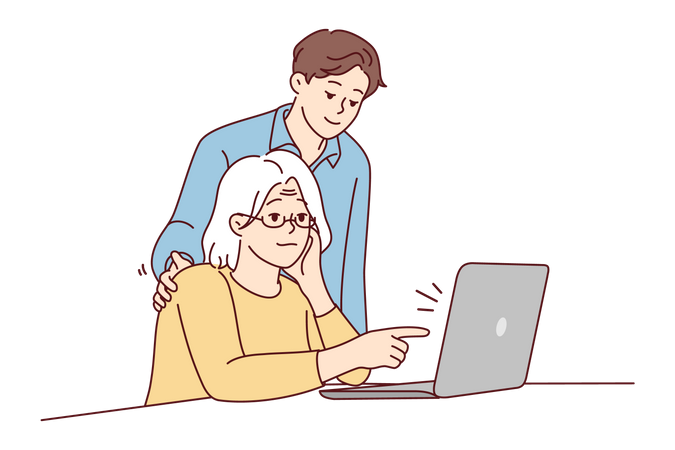 Grandson teaching grandmother to use laptop  Illustration