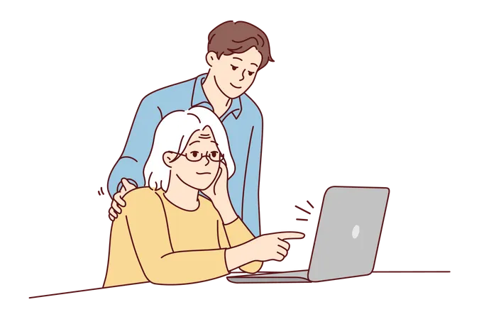 Grandson teaching grandmother to use laptop  Illustration