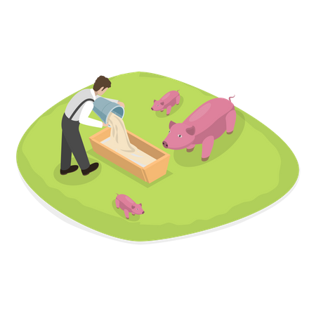 Granjero alimentando a sus cerdos en su granja  Ilustración