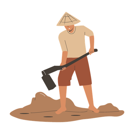 Granjero asiático cavando el suelo antes de plantar arroz  Ilustración