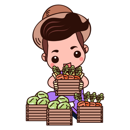 Agricultor con cajas de frutas y verduras.  Ilustración