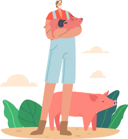 Granjero con cerdo  Ilustración