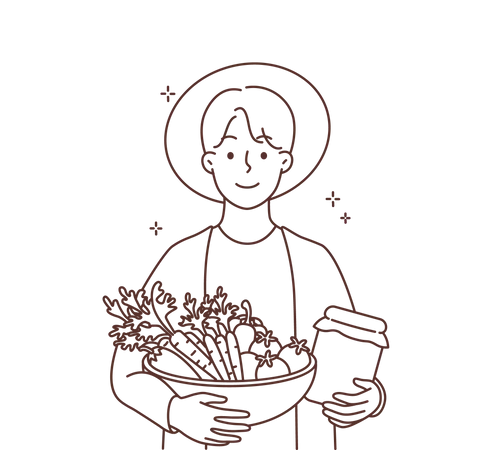 Granjero sosteniendo cesta de verduras y tarro de mermelada  Ilustración