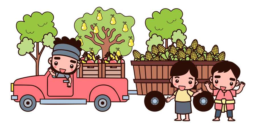 Granjero conduciendo camión de frutas  Ilustración