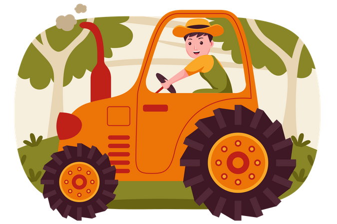 Granjero conduciendo tractor  Ilustración