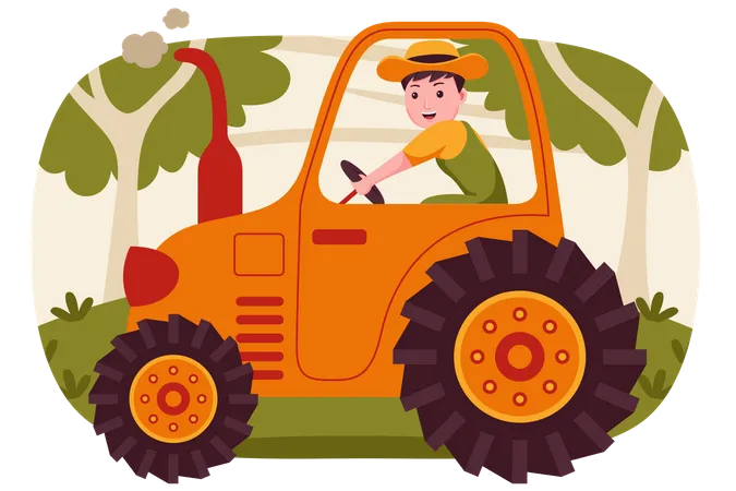 Granjero conduciendo tractor  Ilustración