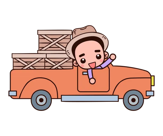 Granjero conduciendo camioneta agrícola  Ilustración