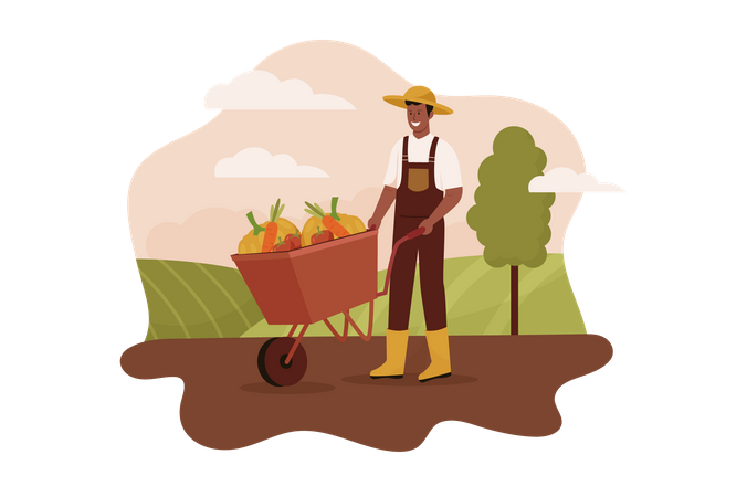 Agricultor cosechando en la granja  Ilustración
