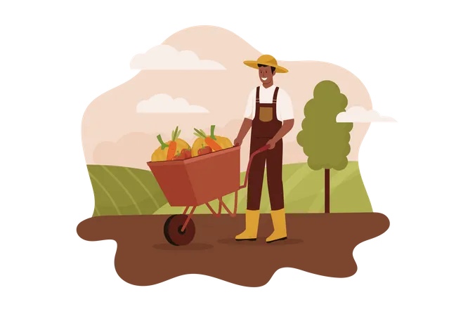 Agricultor cosechando en la granja  Ilustración