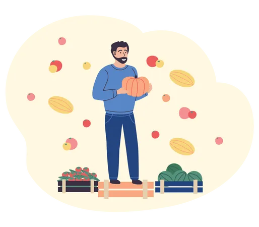 Agricultor de pie con cestas de frutas  Ilustración