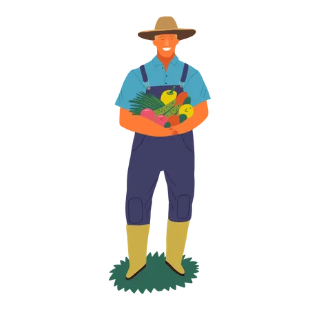 Granjero de pie con frutas en la mano  Ilustración