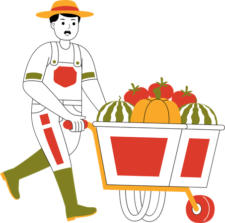 Agricultor empujando un carrito lleno de frutas  Ilustración