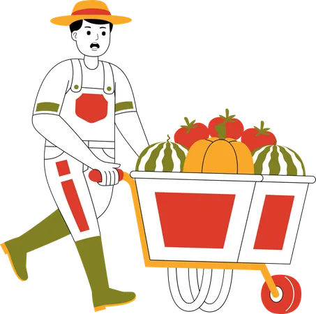 Agricultor empujando un carrito lleno de frutas  Ilustración