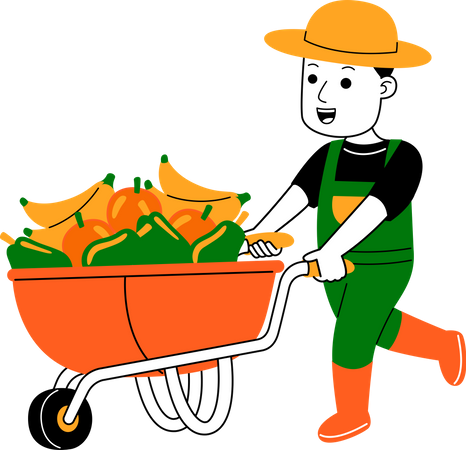 Agricultor empujando carrito de frutas  Ilustración