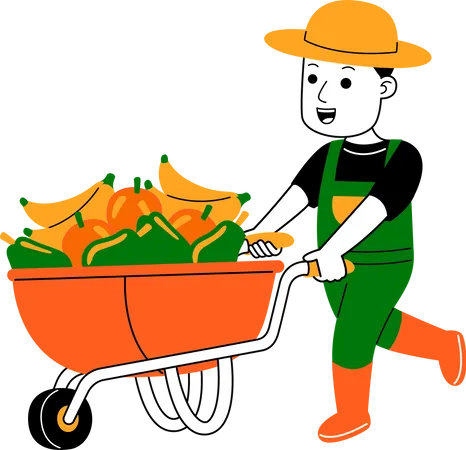 Agricultor empujando carrito de frutas  Ilustración