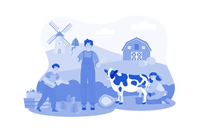 El granjero cultiva en su campo con su vaca.  Ilustración