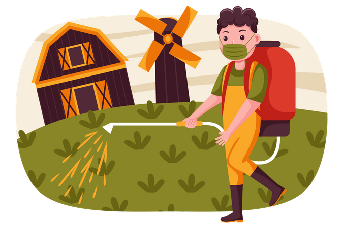 Agricultor rociando pesticidas en la granja  Ilustración