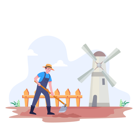 Agricultor cavando en la granja  Ilustración