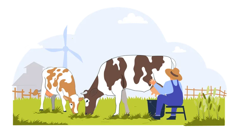 Agricultor recogiendo leche de vaca  Ilustración