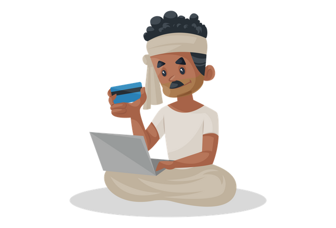 Granjero indio que realiza pagos en línea con tarjeta en una computadora portátil  Ilustración