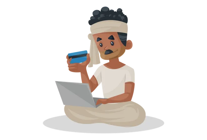 Granjero indio que realiza pagos en línea con tarjeta en una computadora portátil  Ilustración