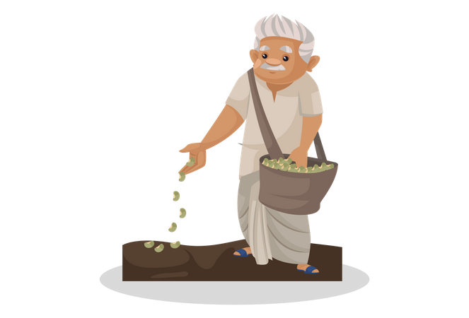 Agricultor indio plantando semillas en el suelo  Ilustración