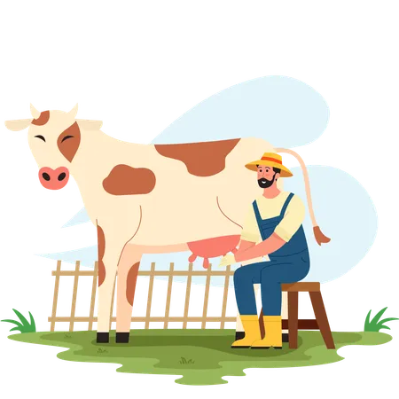 Granjero ordeñando vacas  Ilustración