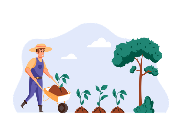 Agricultor plantando semillas con carretilla  Ilustración